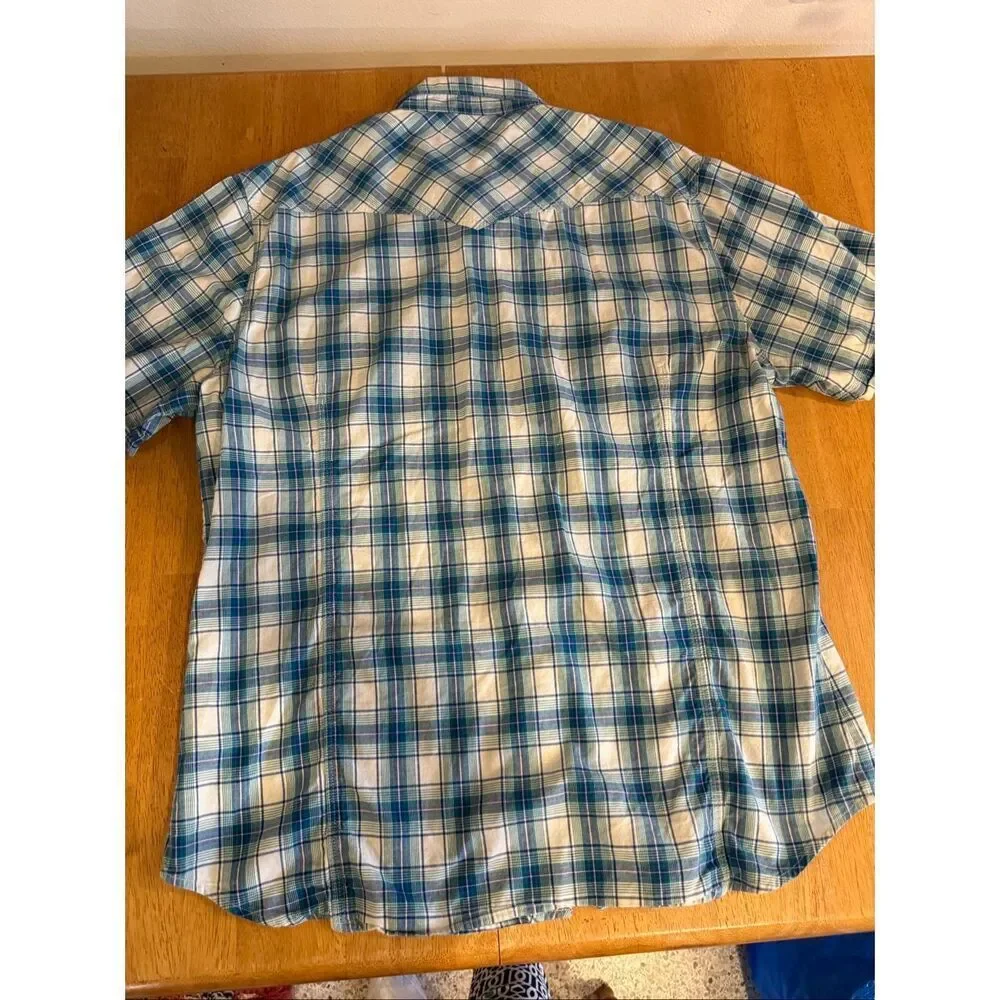 True Religion Men’s XL Blue Plaid Western Pearl Snap Shirt Short Sleeve Button U